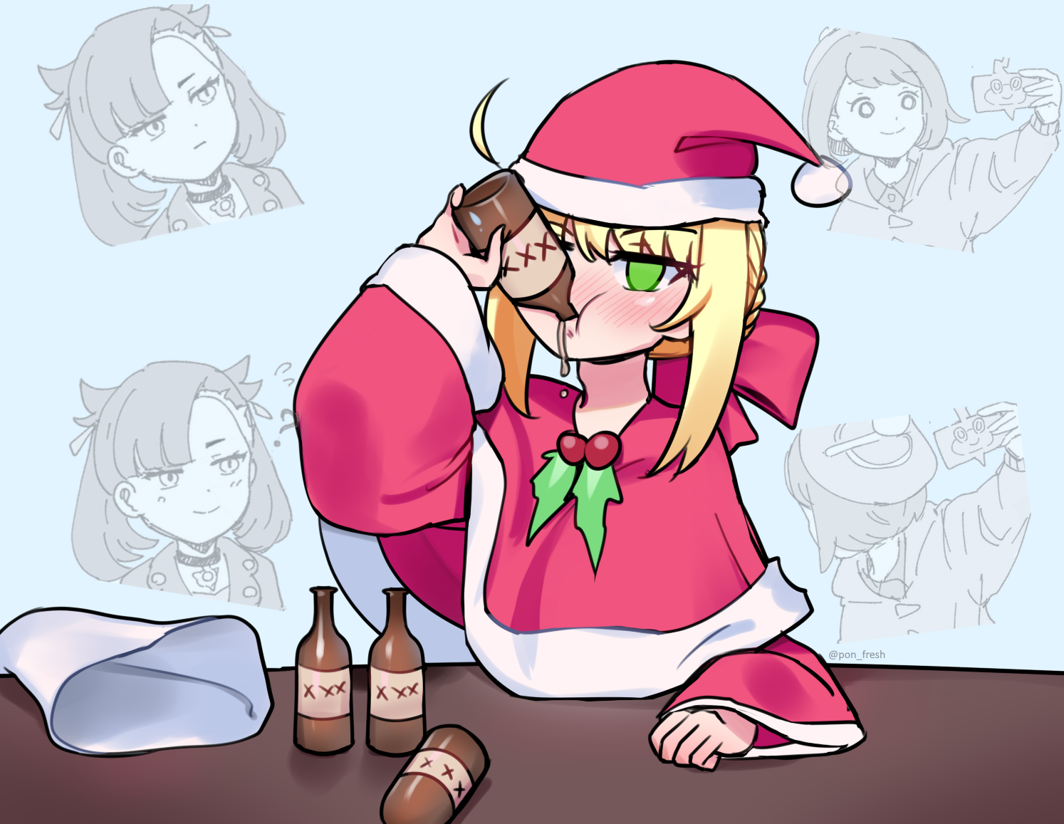 anime girl in santa outfit sitting at a table with a bottle of beer