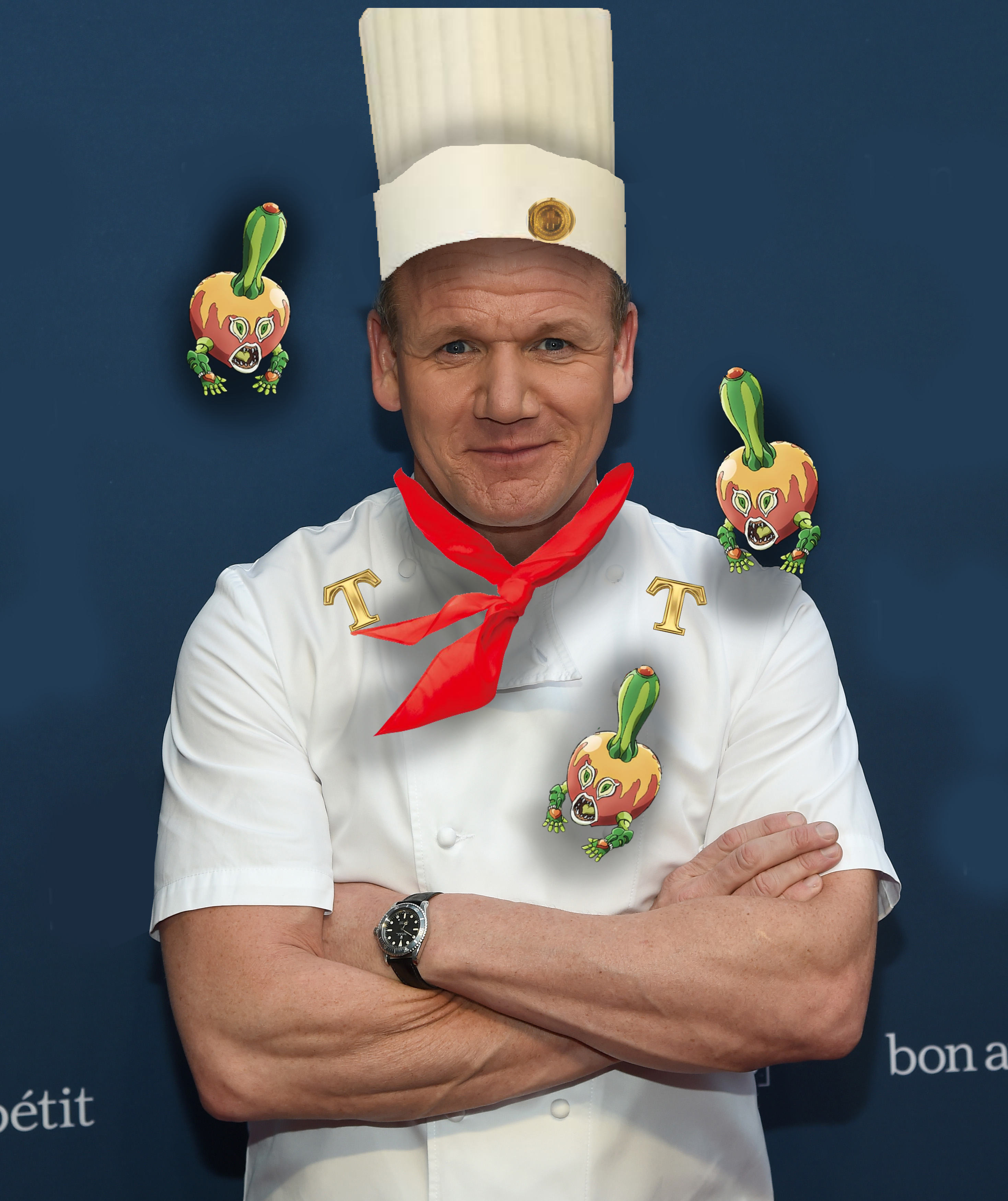 chef with a red scarf and white hat and red tie