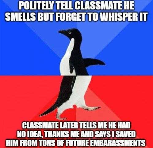 a penguin is walking across the street with a caption saying, politely tell glassmate he smells but