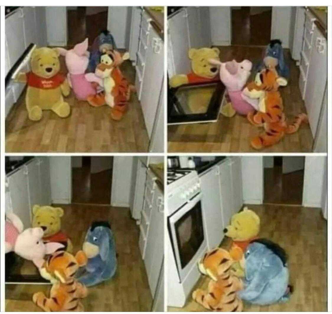 four pictures of a bunch of stuffed animals in a kitchen