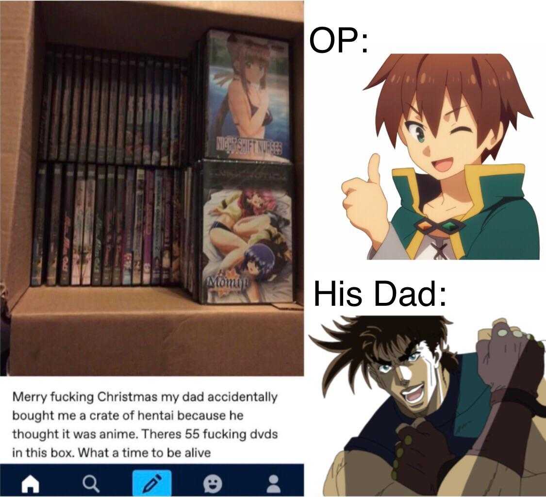 anime meme of a man holding a video game and a box of dvds