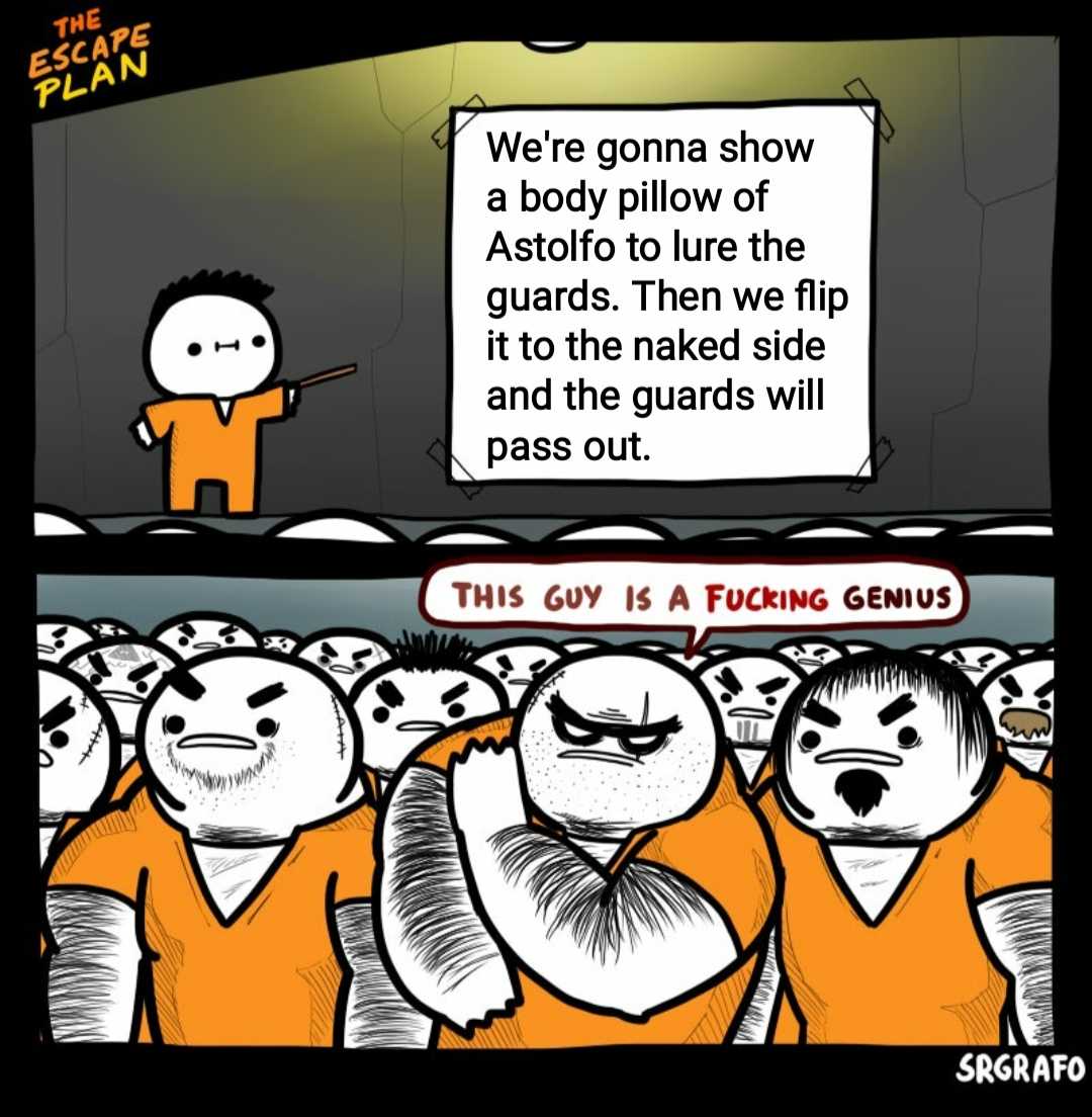 a cartoon of a man in orange prison clothes with a sign