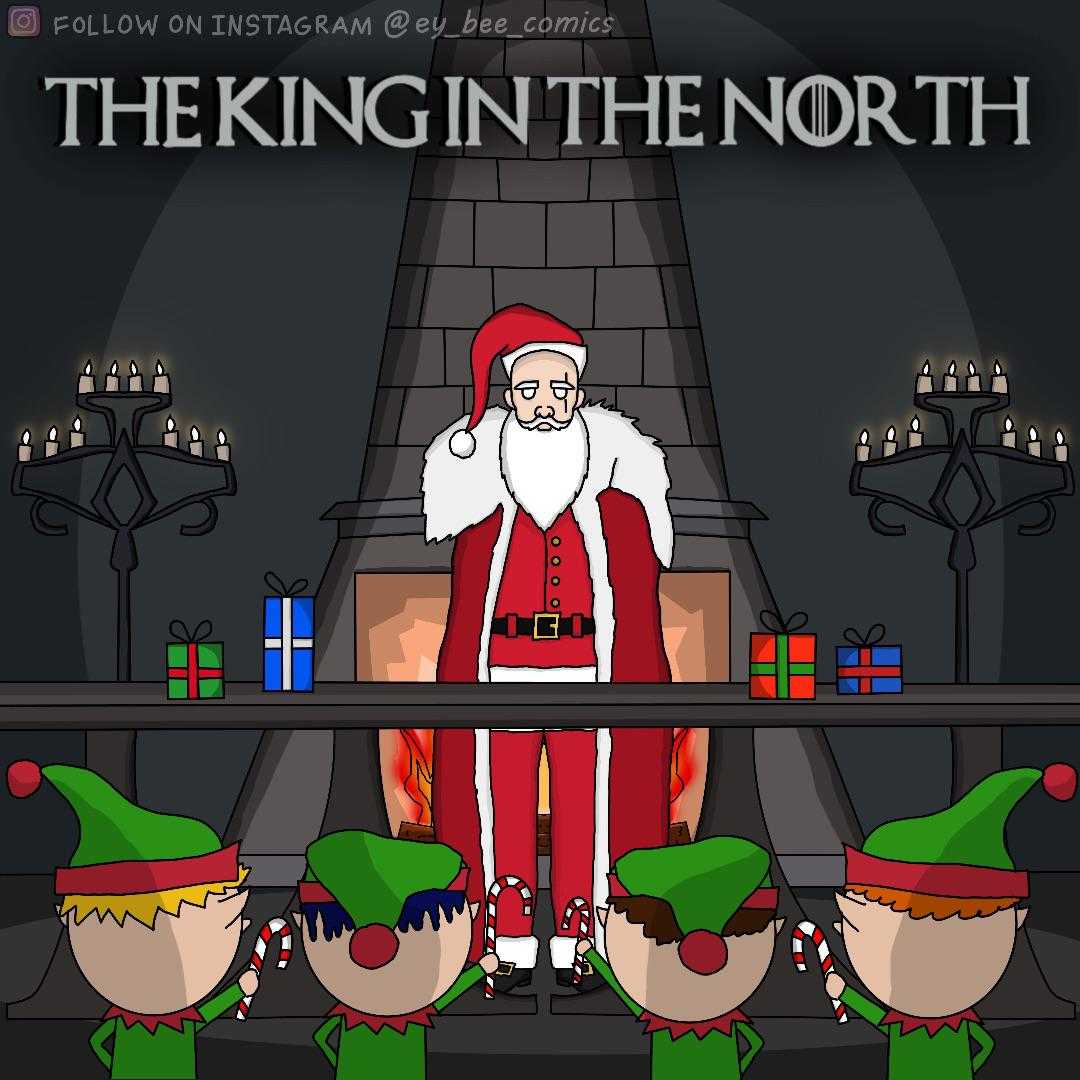 cartoon of santa claus sitting on a throne with elves around him