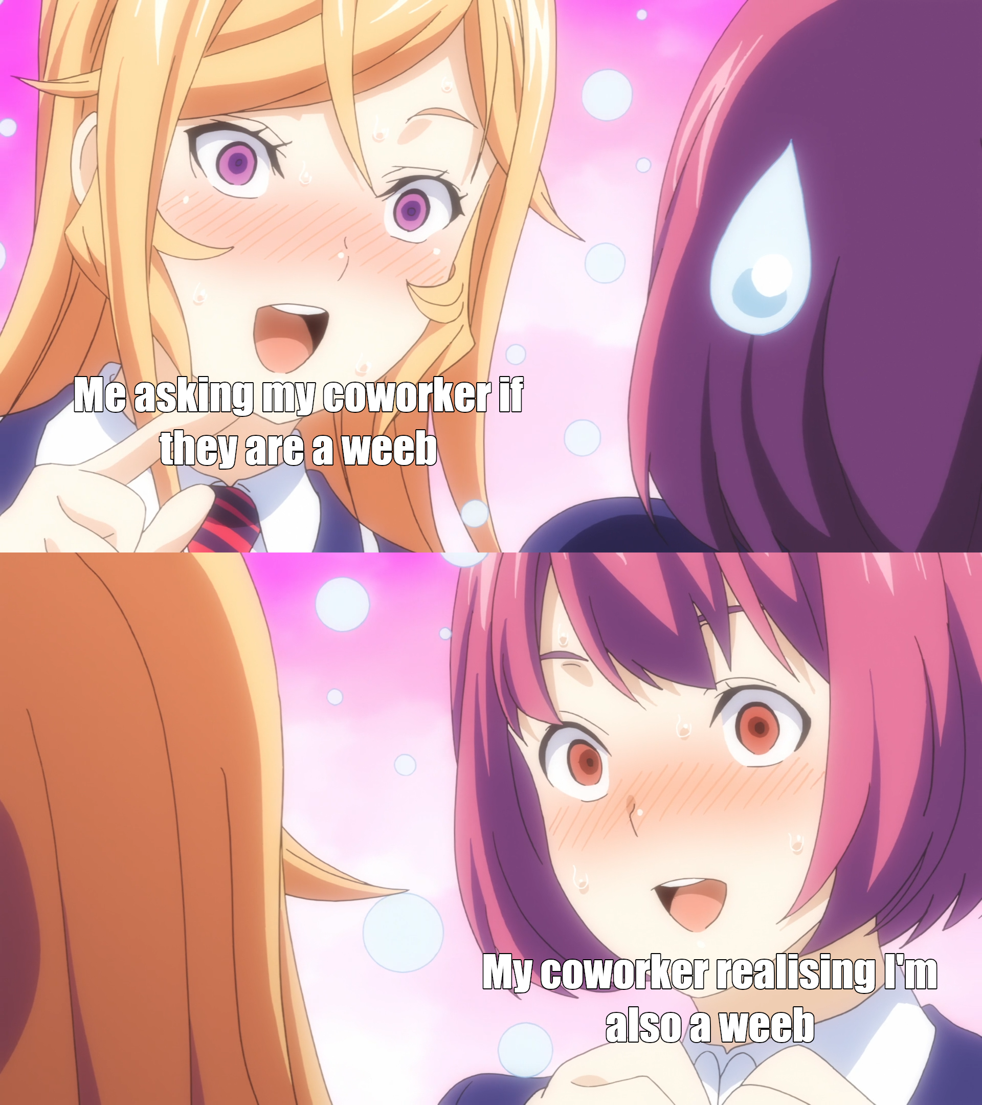 anime girl with pink hair and purple eyes talking to another girl