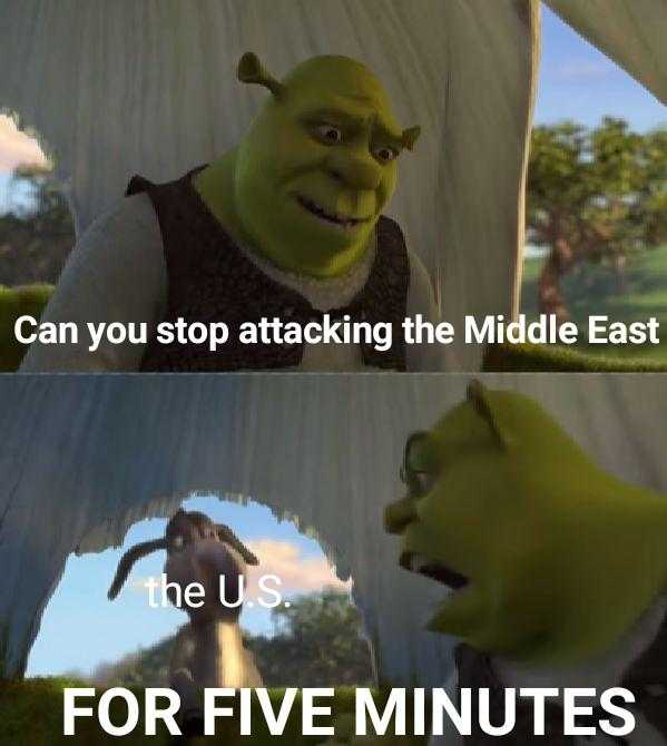 a cartoon picture of a man in a vest and tie with a green face and a green face with a white face and a green face with a black nose and a green face and a white face and a text that says, can you stop attacking the middle east the us for five minutes