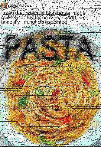 a close up of a plate of pasta with a text on it