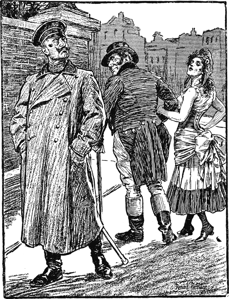 a black and white drawing of a man and woman talking to a man