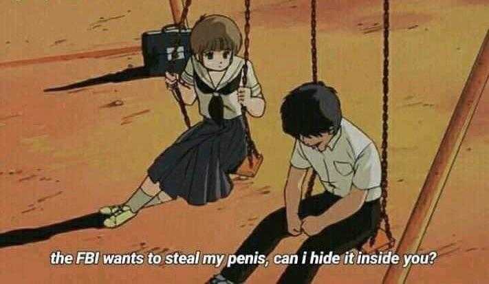 anime scene of a boy and girl on a swing with a caption that reads, the fbi wants to steal any penis can he hide inside you?