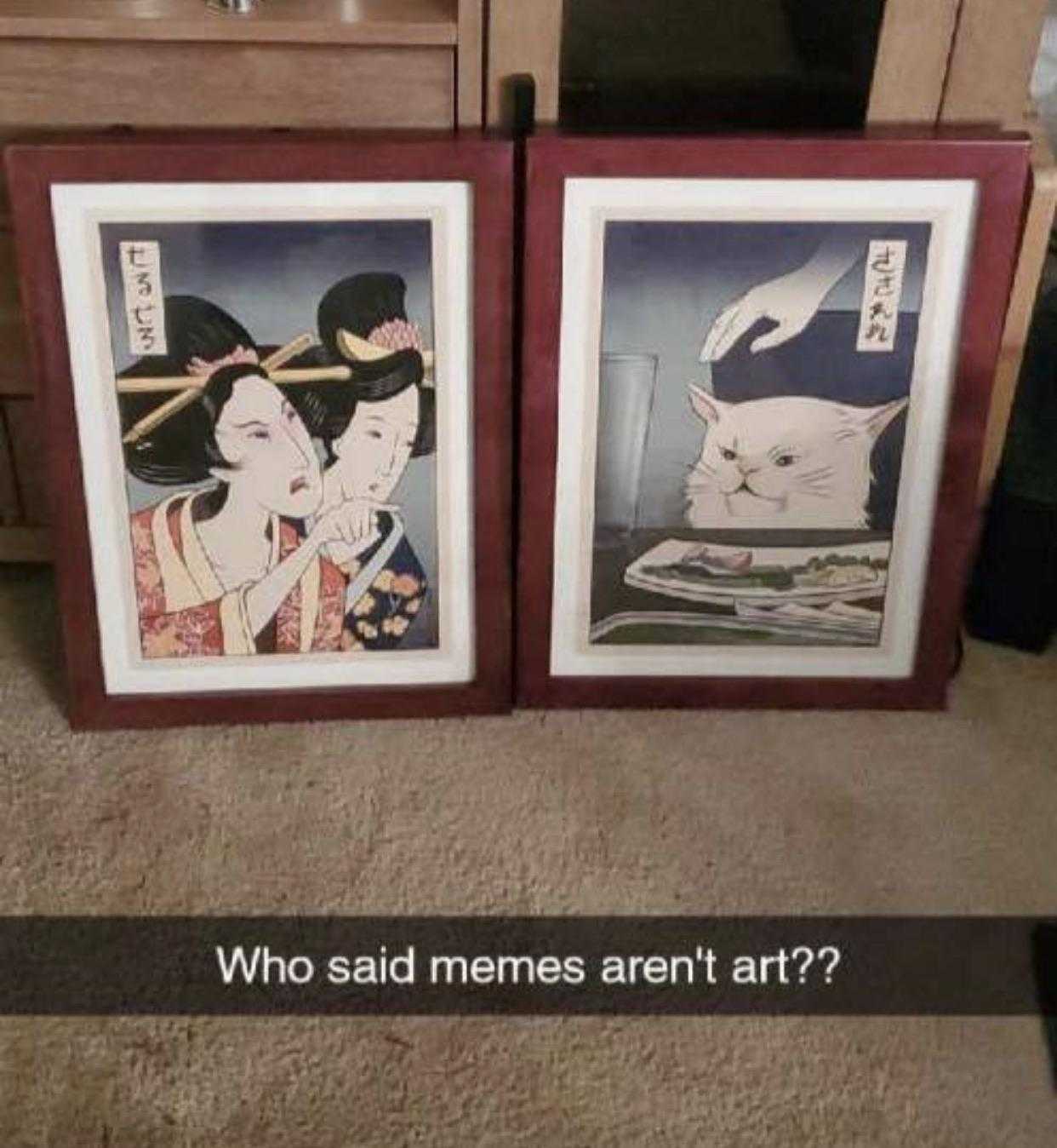 two framed pictures of a cat and a woman with a cat