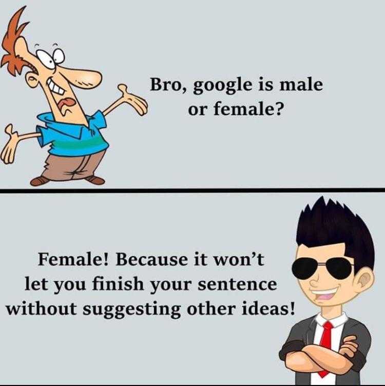 cartoon of a man and woman with a caption that reads, bro, google is male or female?