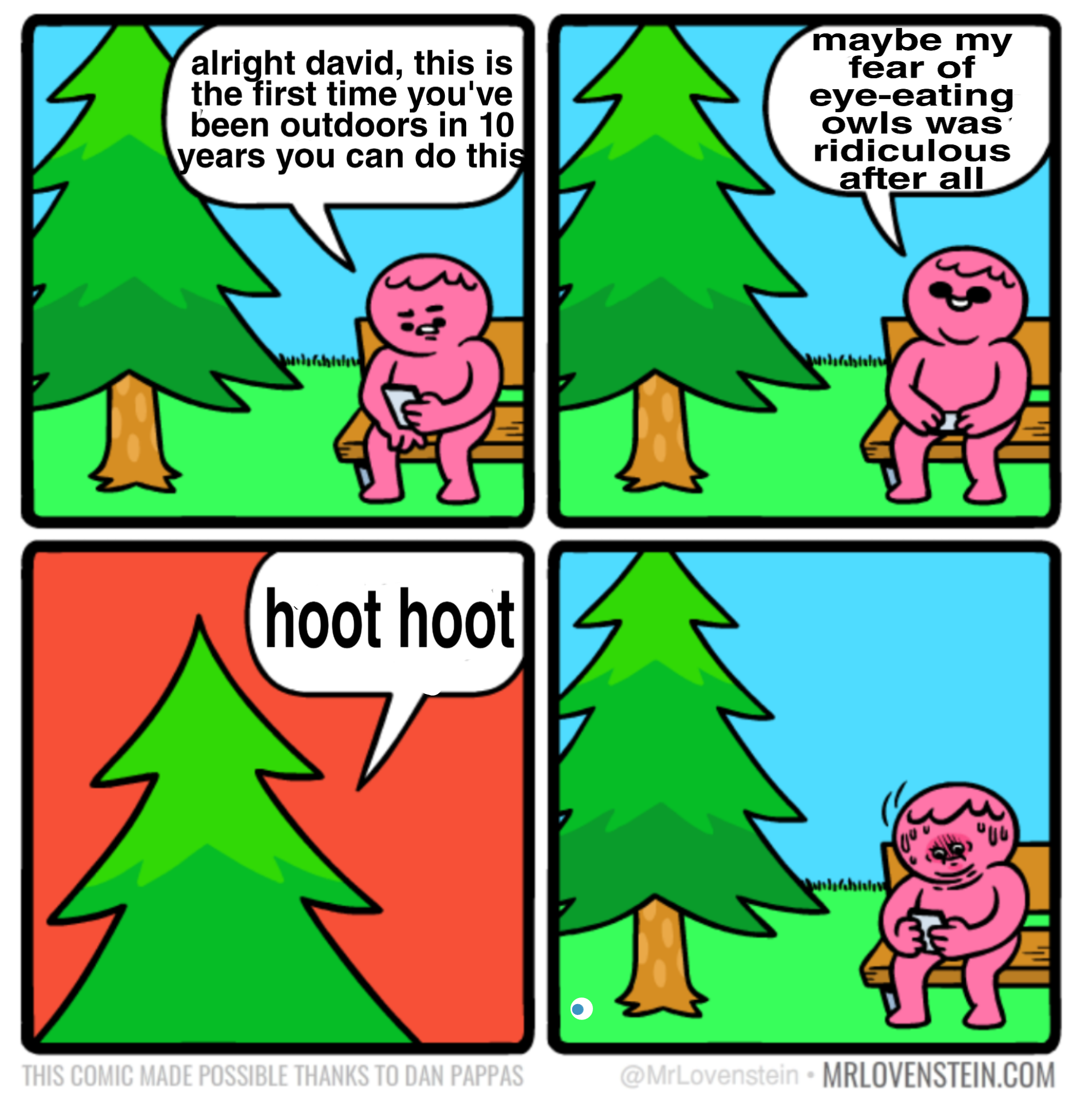 a cartoon of a pig sitting on a bench in the woods