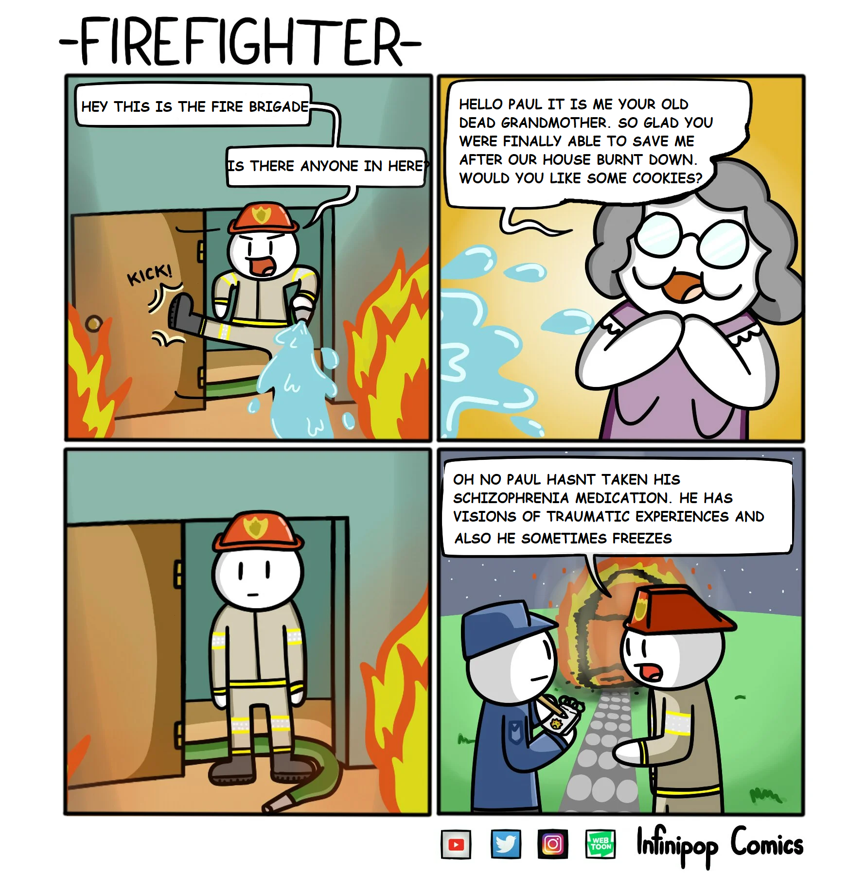 a cartoon of a firefighter and a fireman in a house