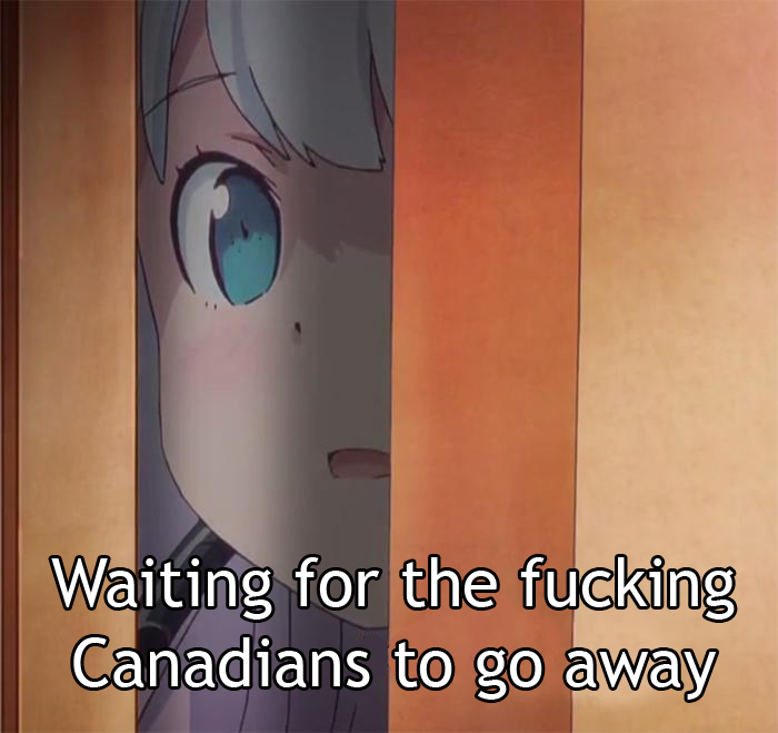 a close up of a person with a blue eyes and a text that reads waiting for the fucking canadians to go away