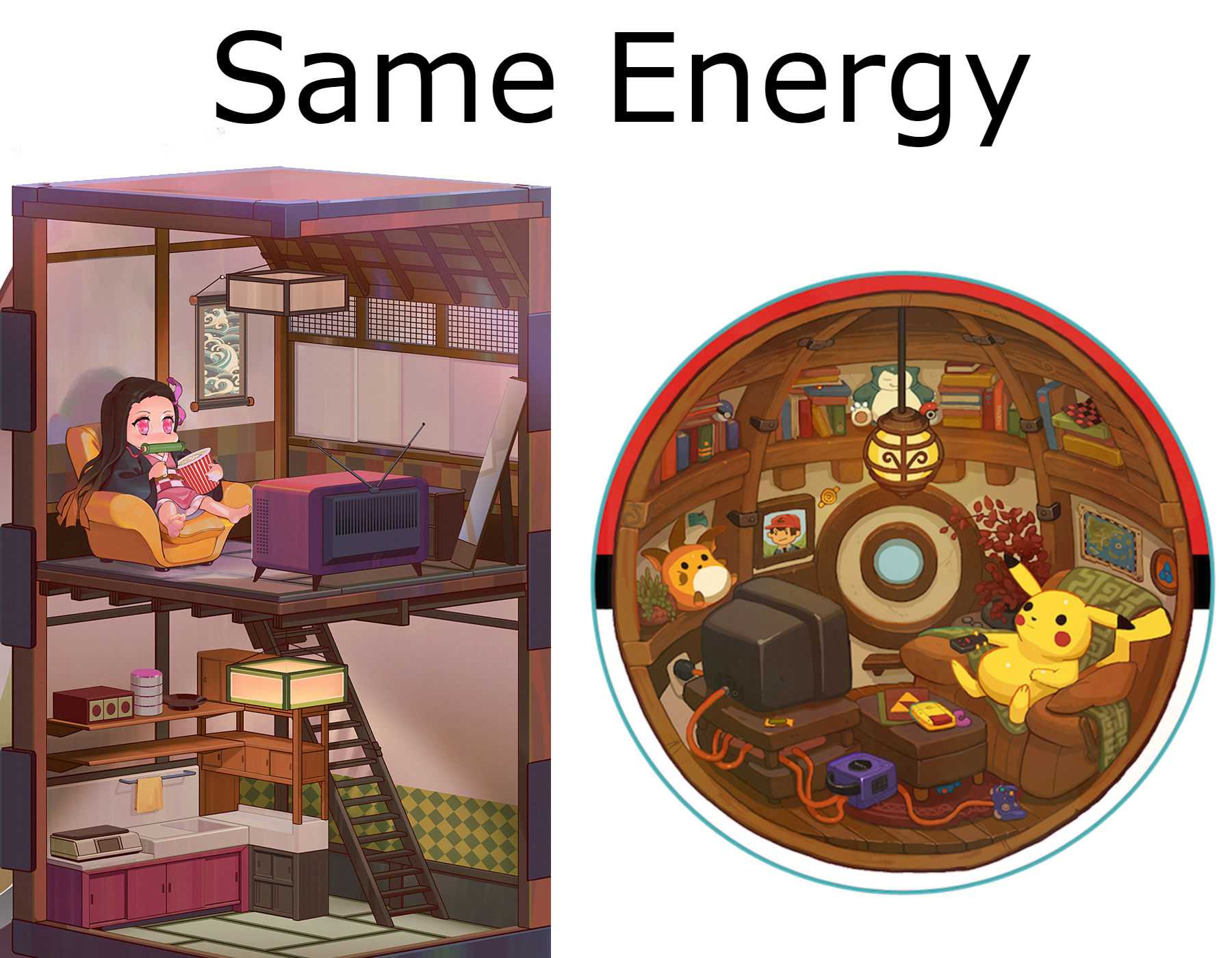 there is a picture of a cartoon house with a computer and a pikachu