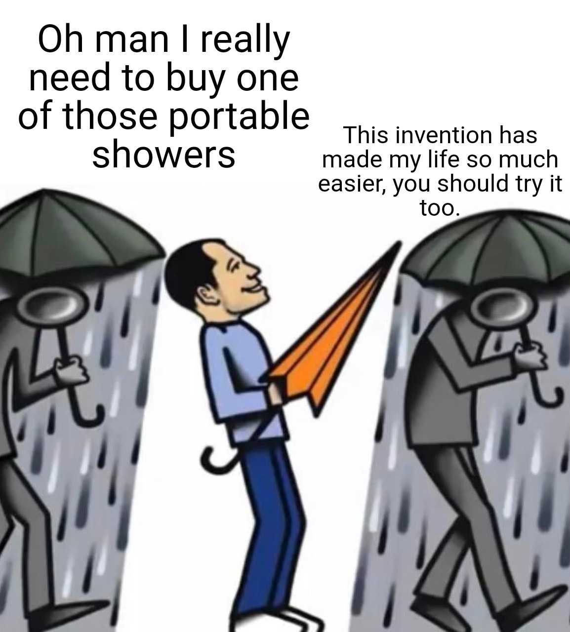 cartoon of a man holding an umbrella in the rain with another man holding an umbrella