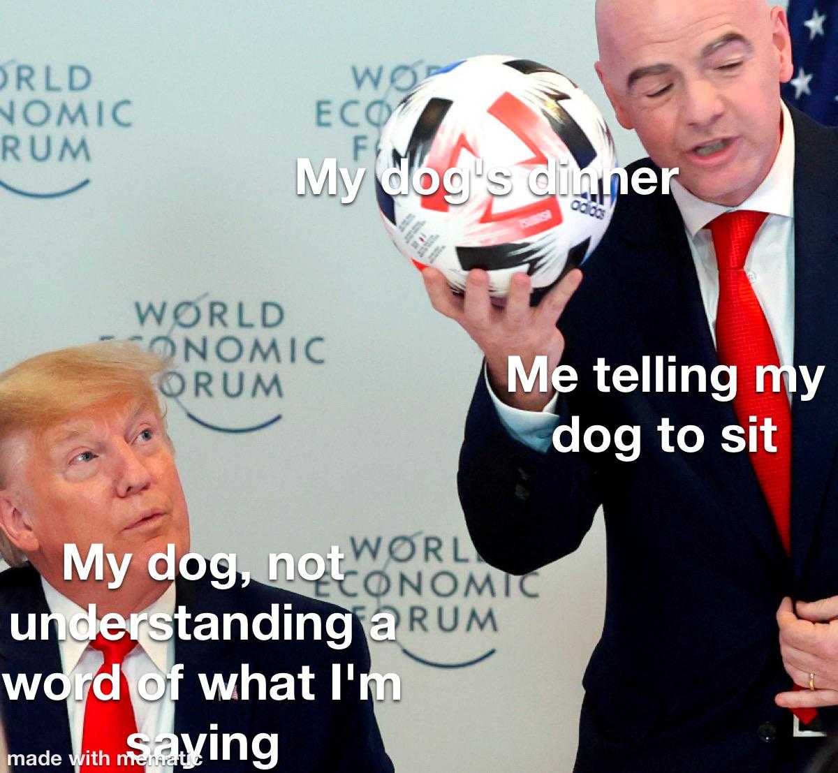 donald trump and a man holding a soccer ball with a caption