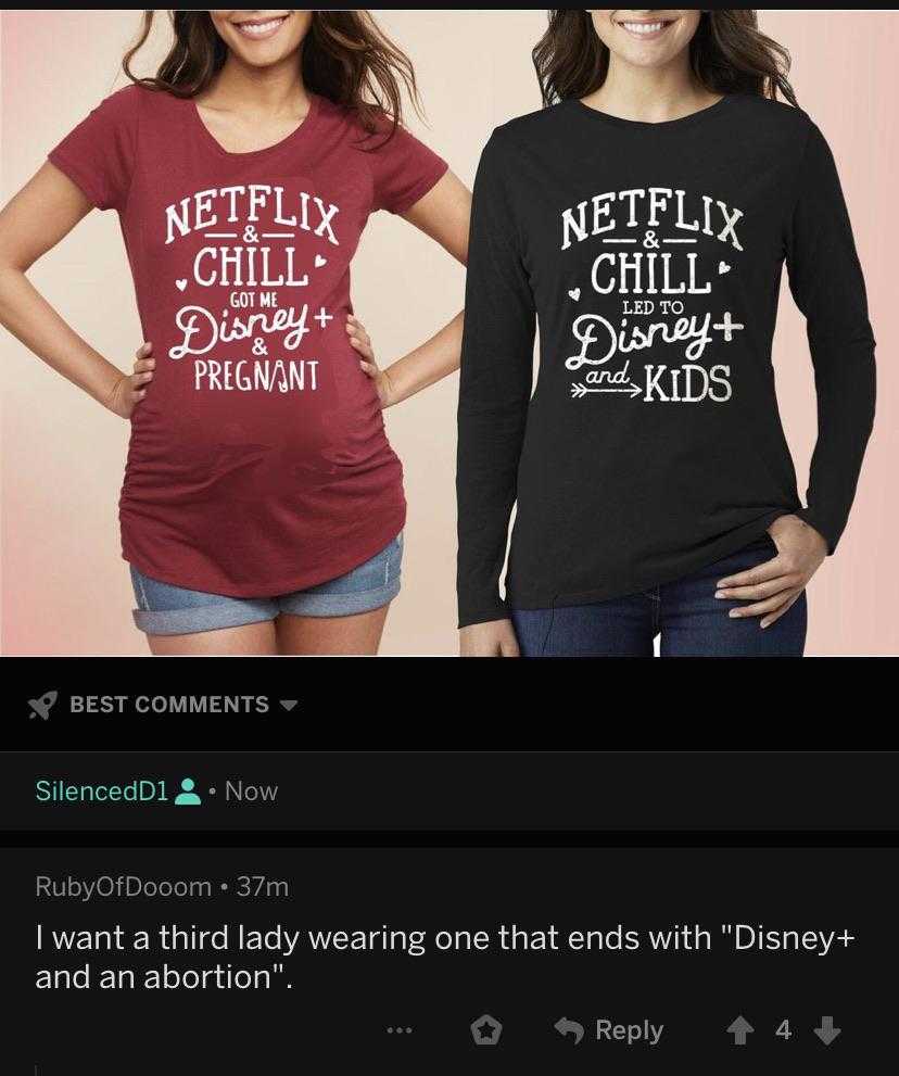 two women wearing matching shirts with disney and netflix logos