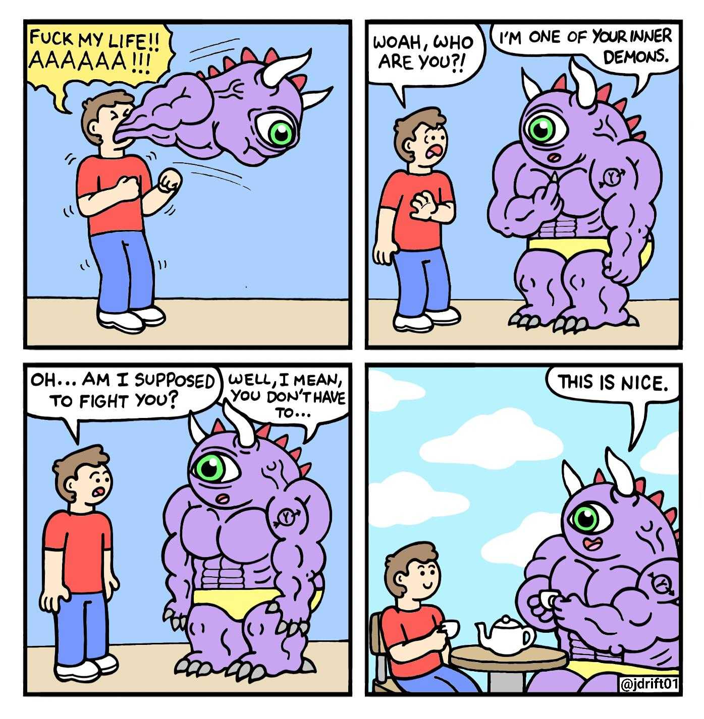 a cartoon of a man is talking to a purple dragon