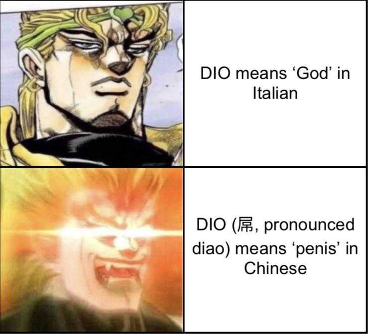 a cartoon picture of a man with a beard and a face with a caption saying, dio means