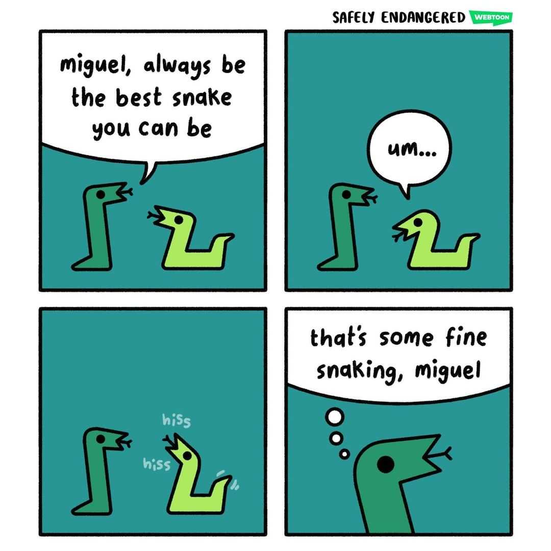 a comic strip with a cartoon of a snake and a speech bubble