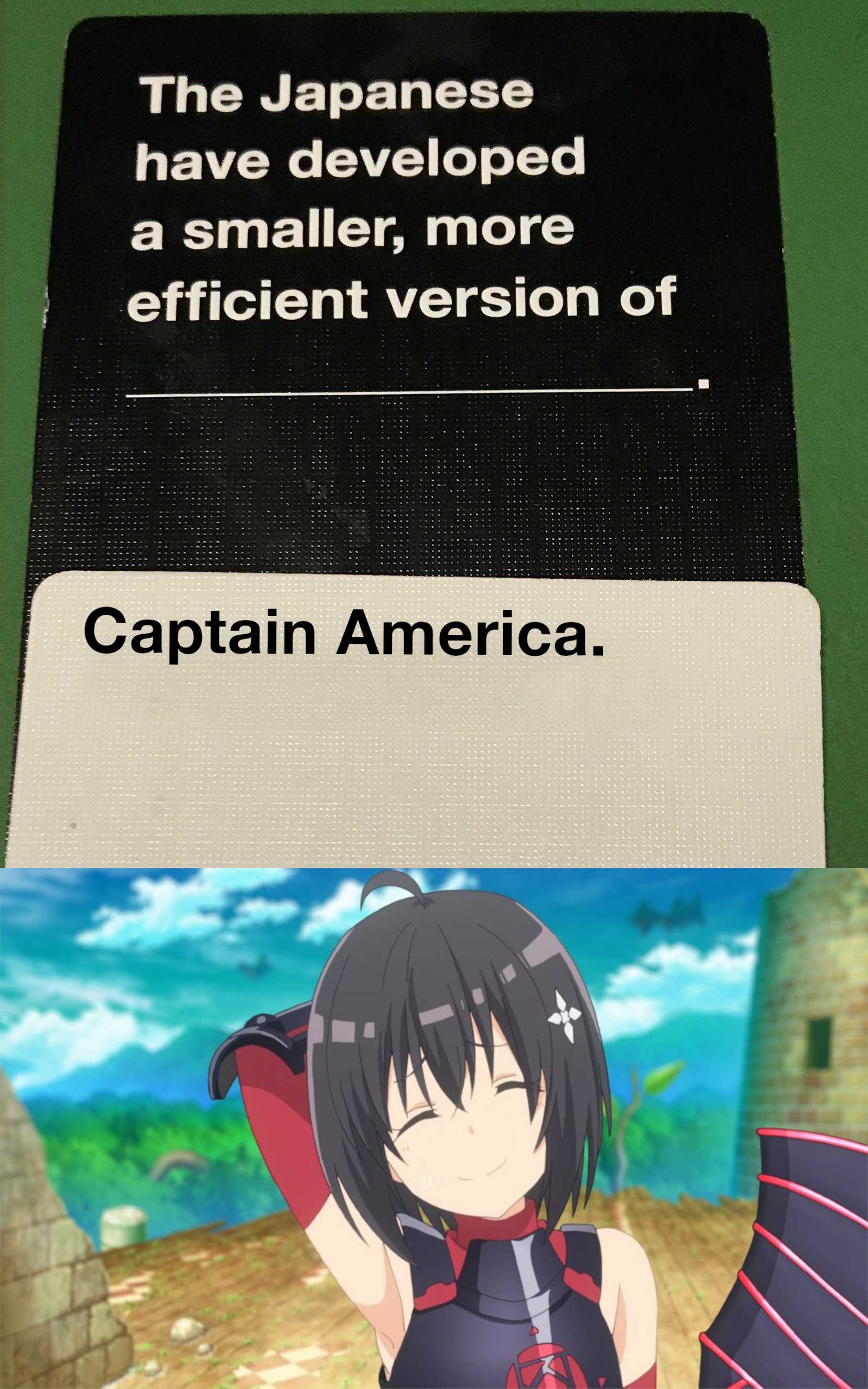 anime card with caption of captain america and a japanese character