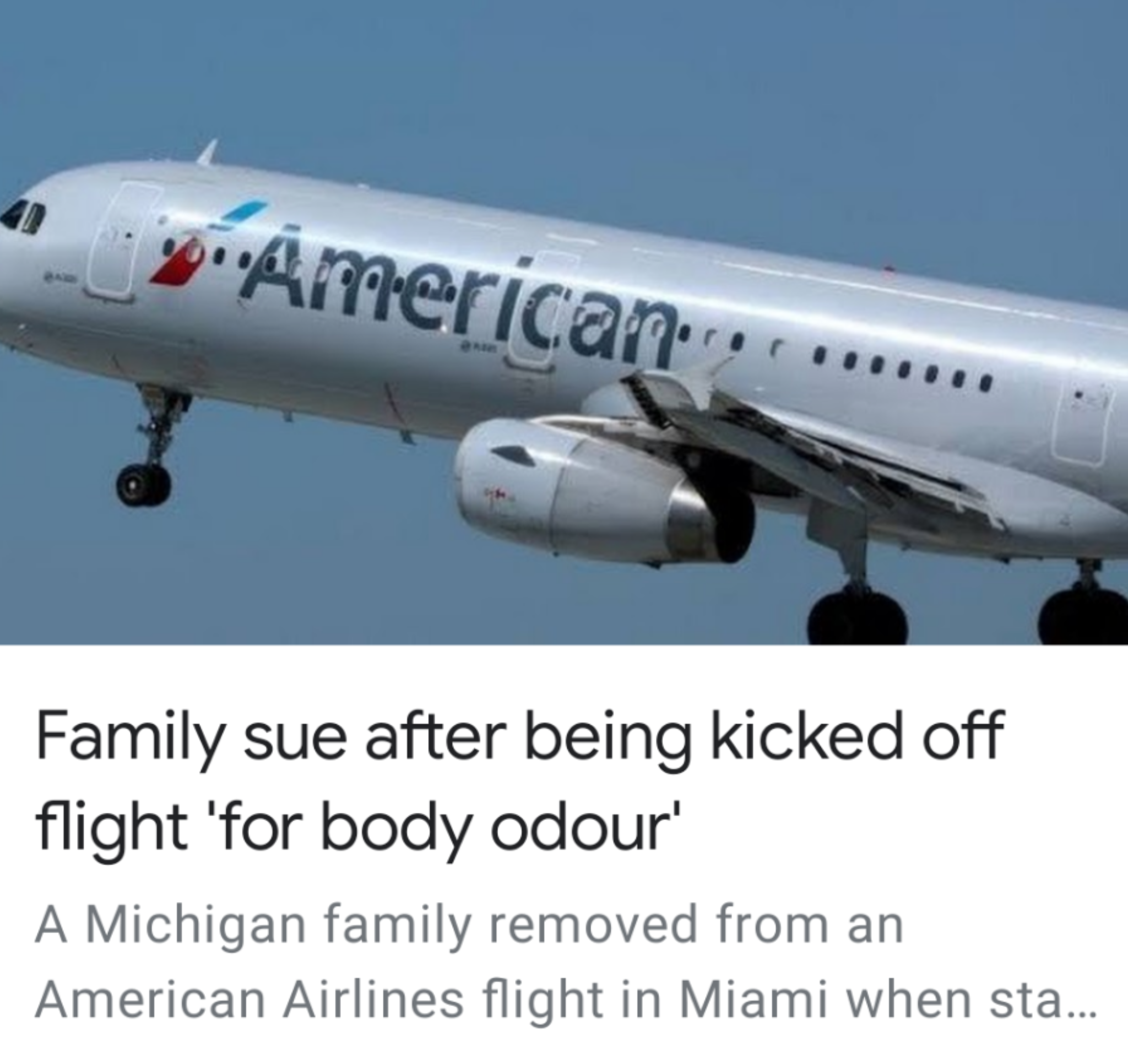 image of a plane with the caption of a family sue after being kicked off flight for body odou