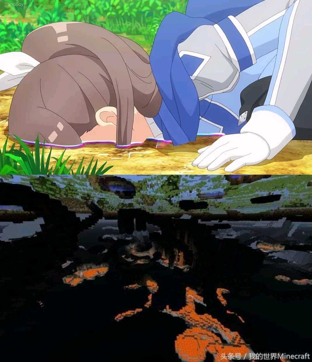 anime scene of a woman laying on the ground next to a pond