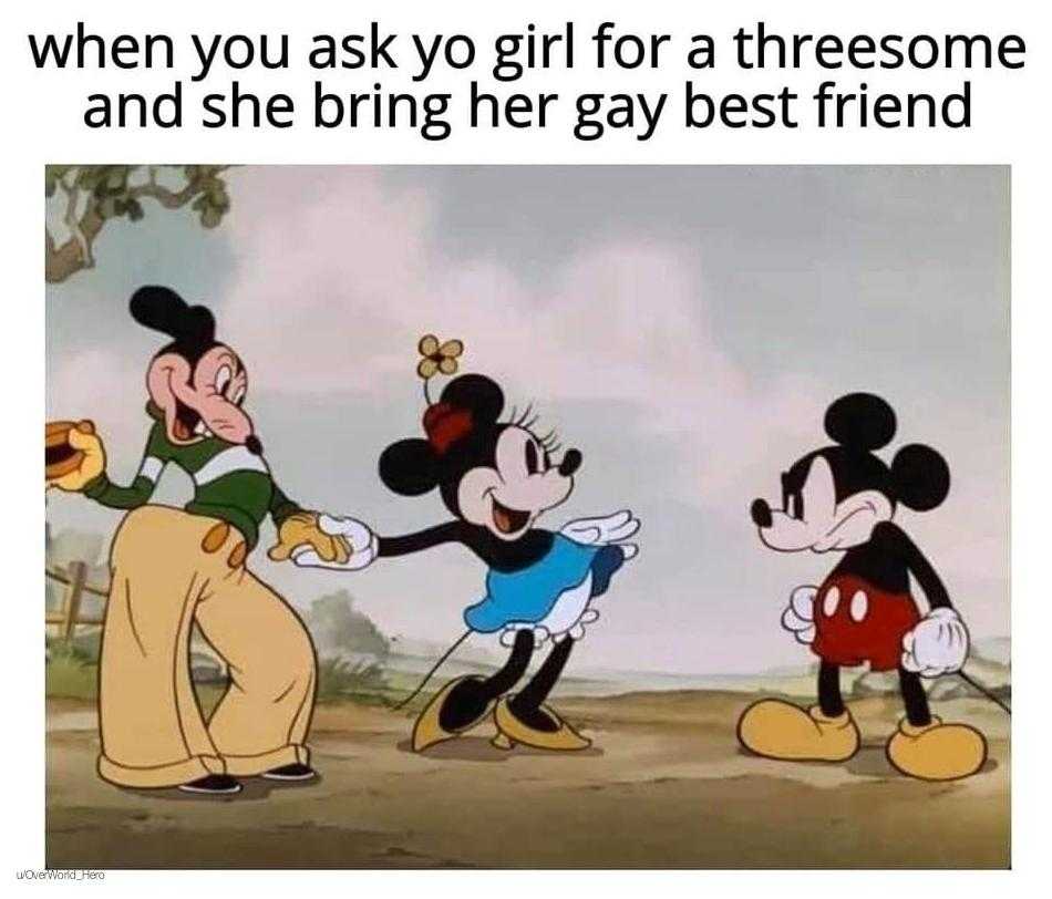 cartoon of mickey mouse and mickey mouse with caption saying when you ask you giff for a tressome and she bring her gay best friend