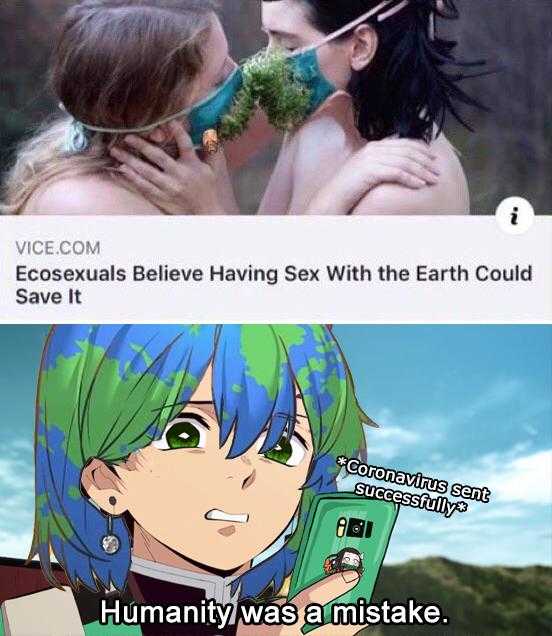 anime meme of a woman kissing a man with a plant in his mouth