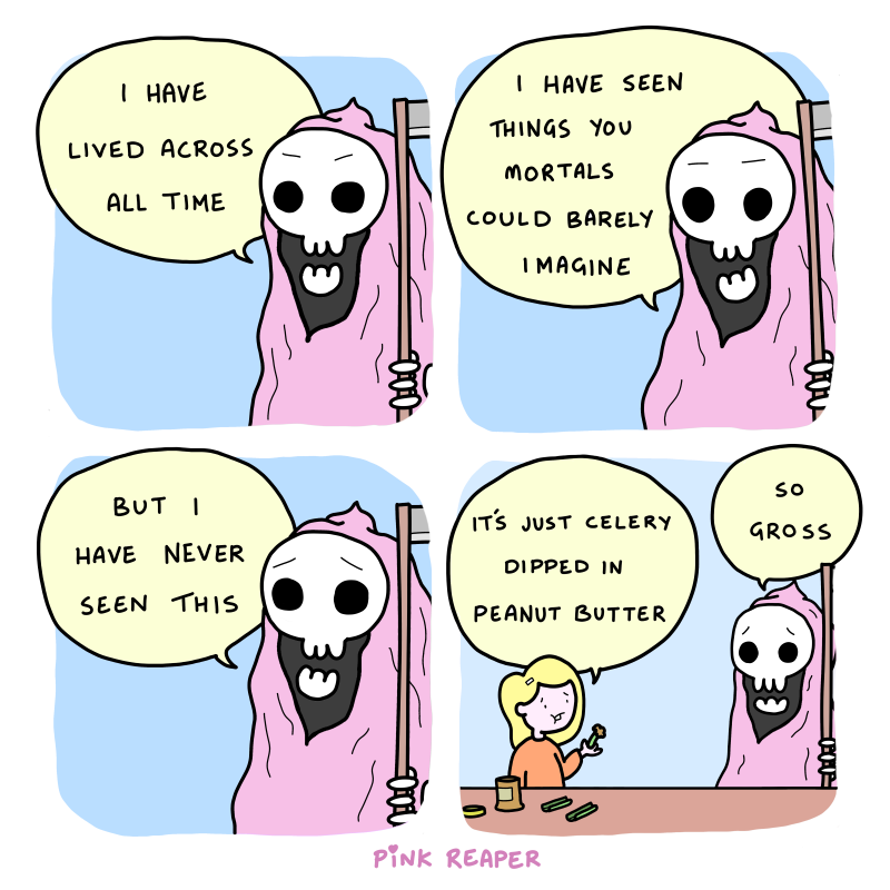 cartoon of a girl in a pink hoodie and a skeleton with a sign saying i have lived across all