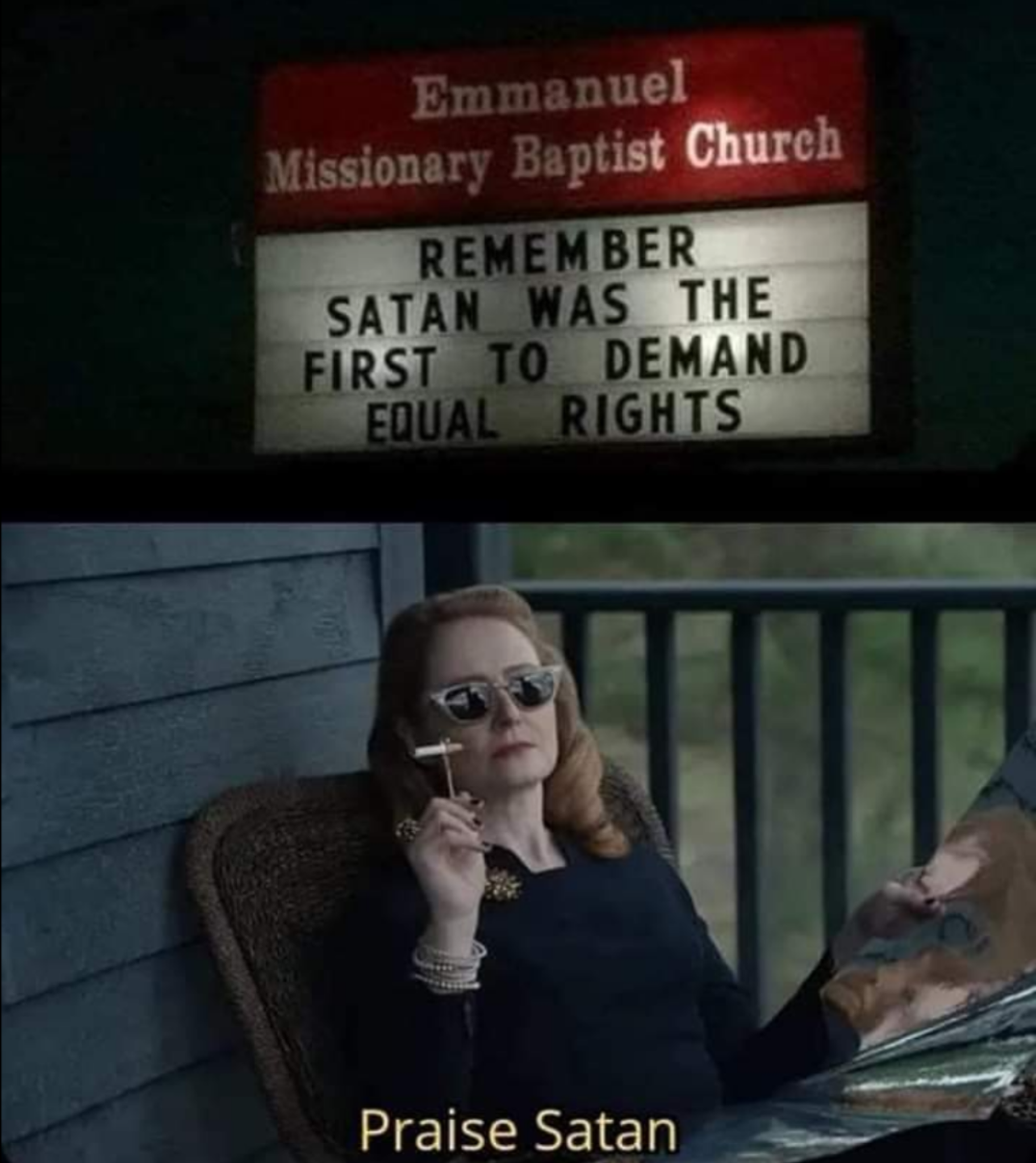 a woman sitting in a chair with a sign above her reading