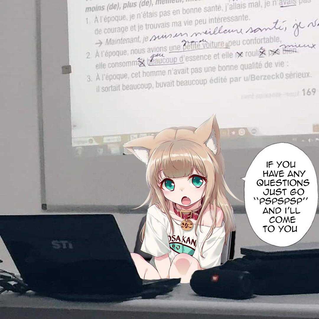 anime character sitting at a table with a laptop and a presentation screen