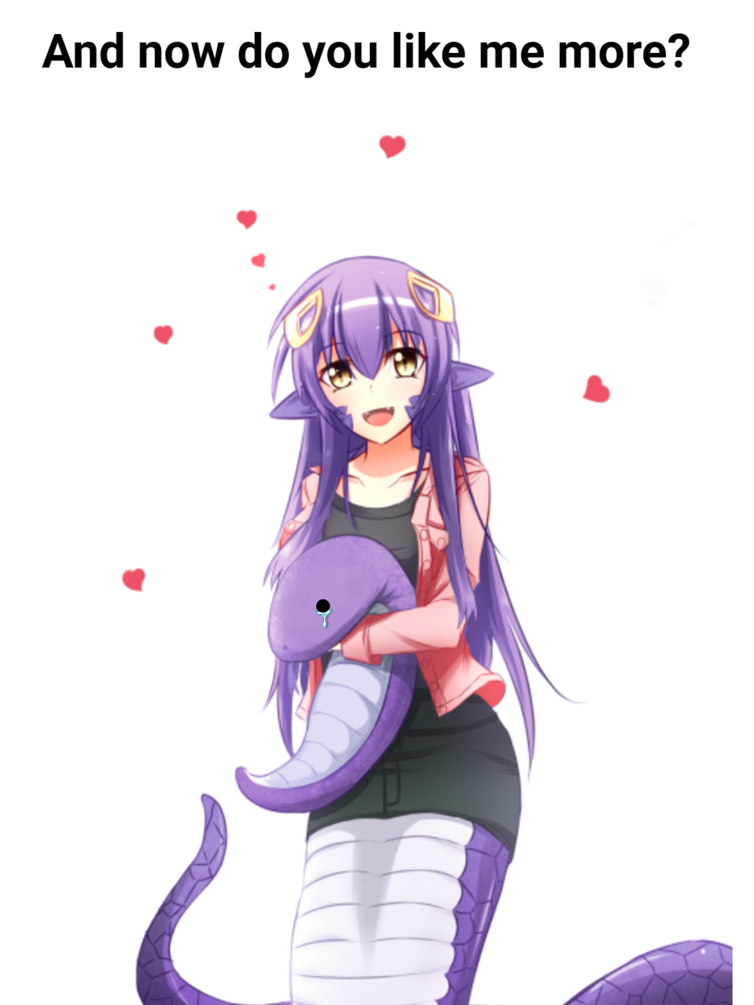 anime girl holding a purple dragon with hearts around her