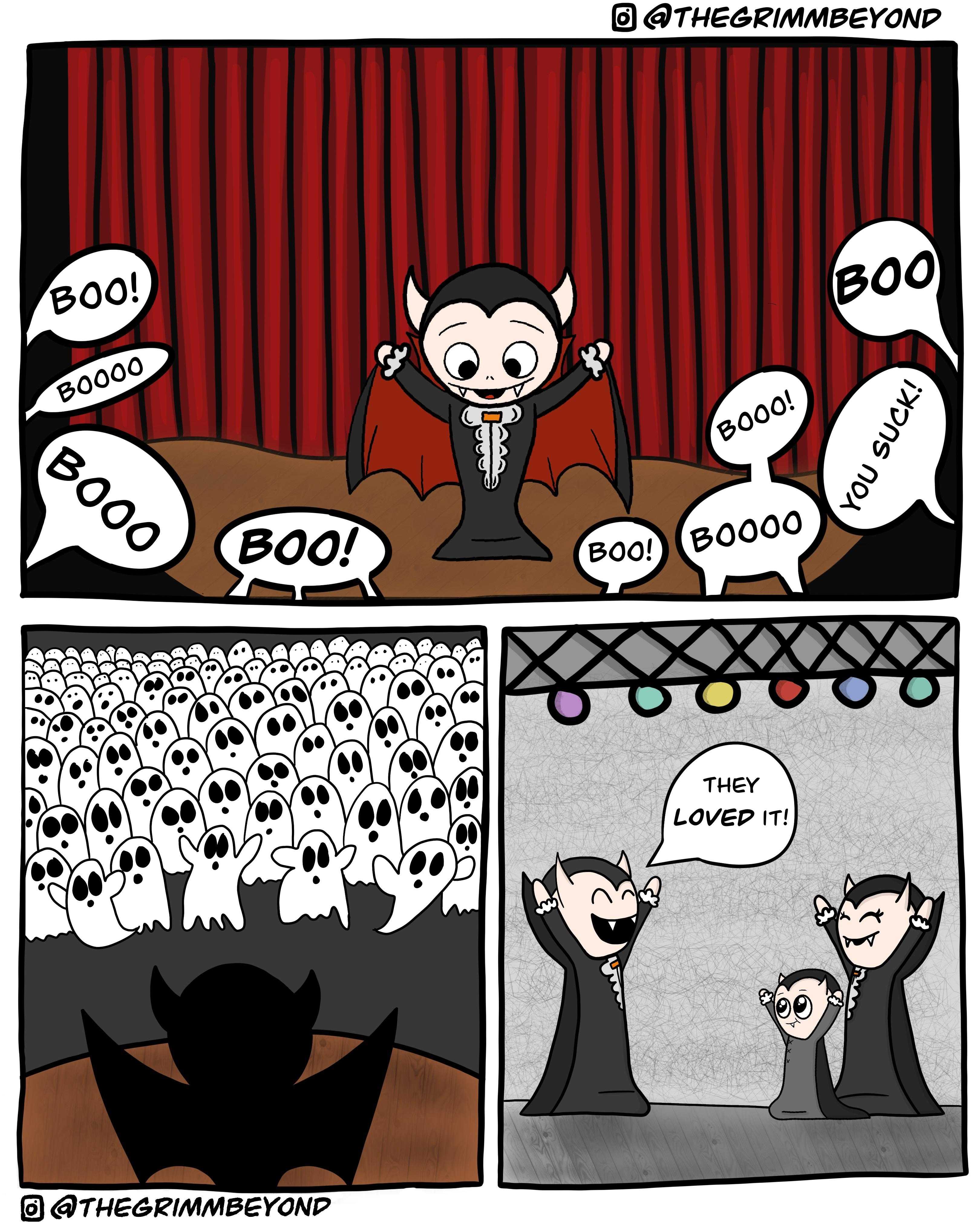 a cartoon of a comic strip with a cartoon of a vampire speaking to a crowd of skulls