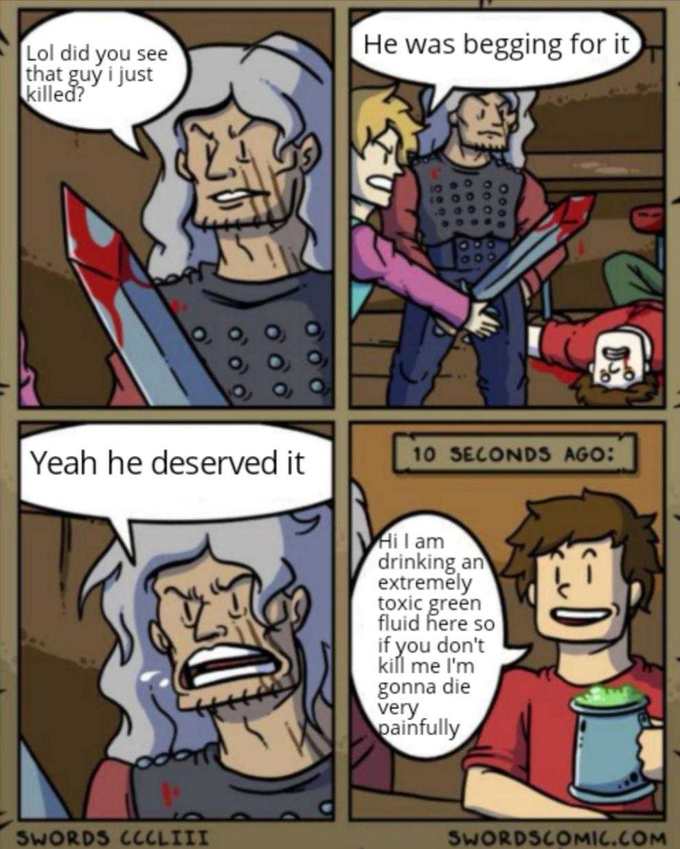 a comic strip with a cartoon of a man in armor and a woman in a red shirt