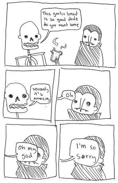 a cartoon drawing of a comic strip with a skeleton and a man