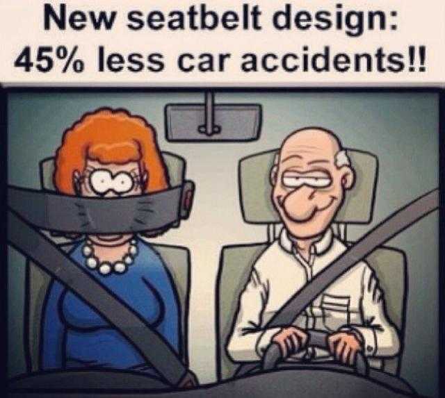 cartoon of a woman driving a car with a man in a seatbelt