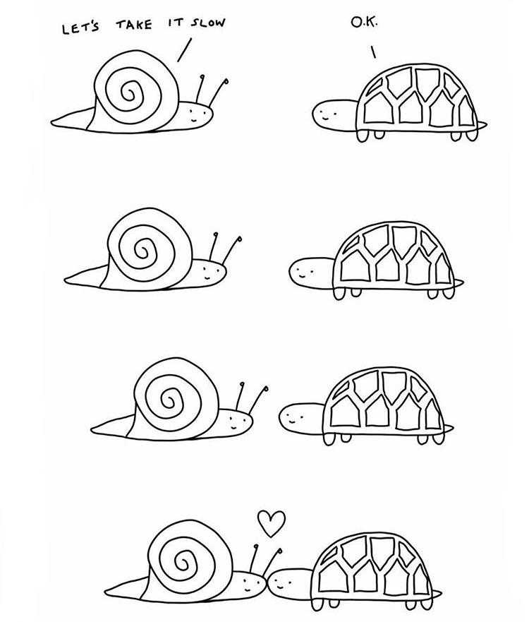 a drawing of a snail and a turtle with different faces