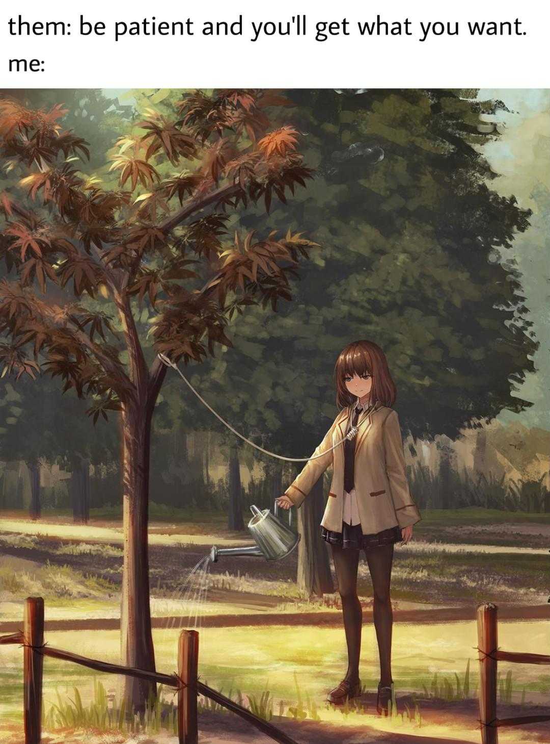 anime girl watering a tree with a watering can