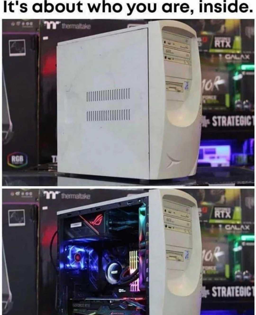 there are two pictures of a computer with a blue light on