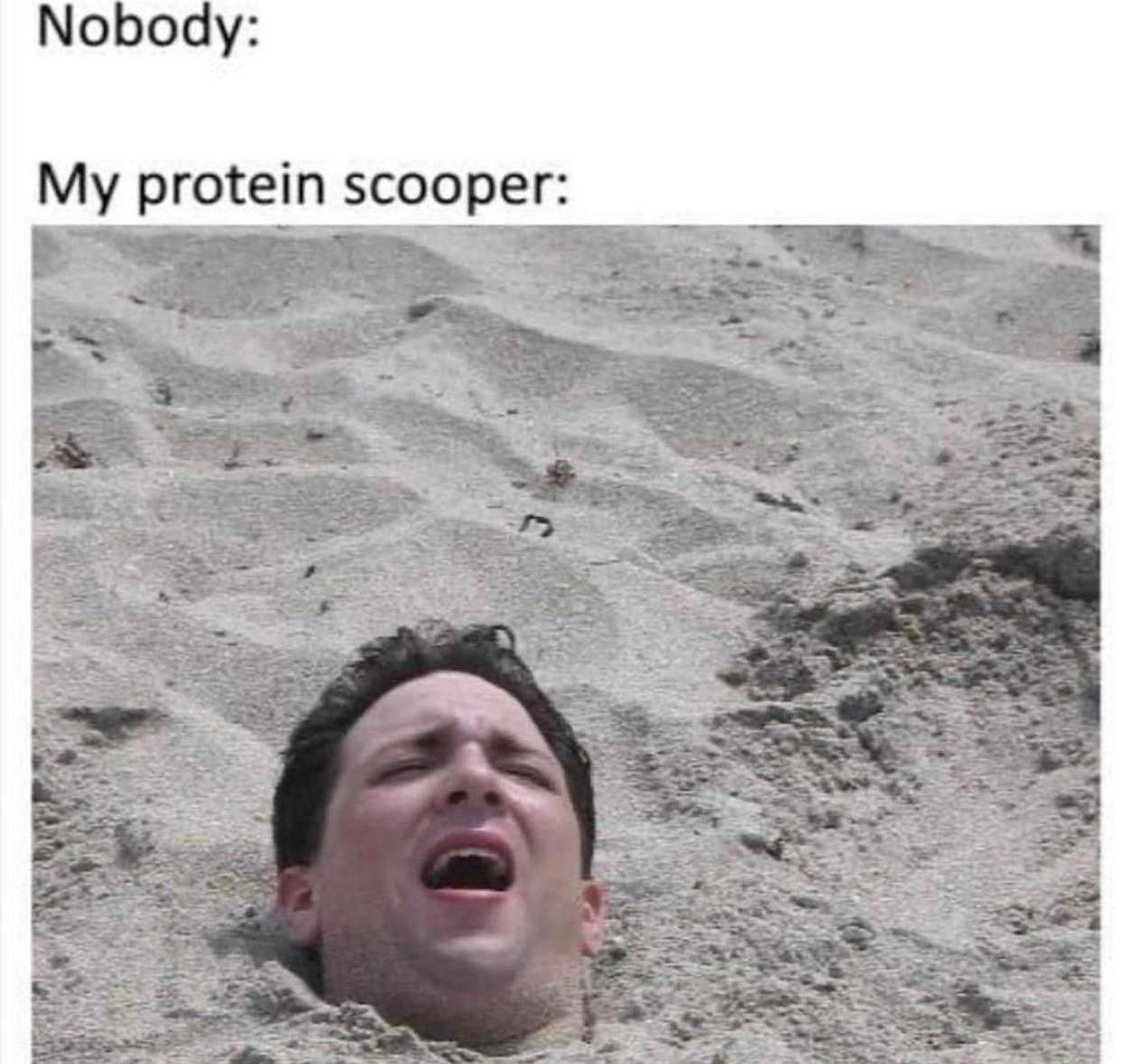 man laying in the sand with his mouth open and a caption of nobody my protein scaper