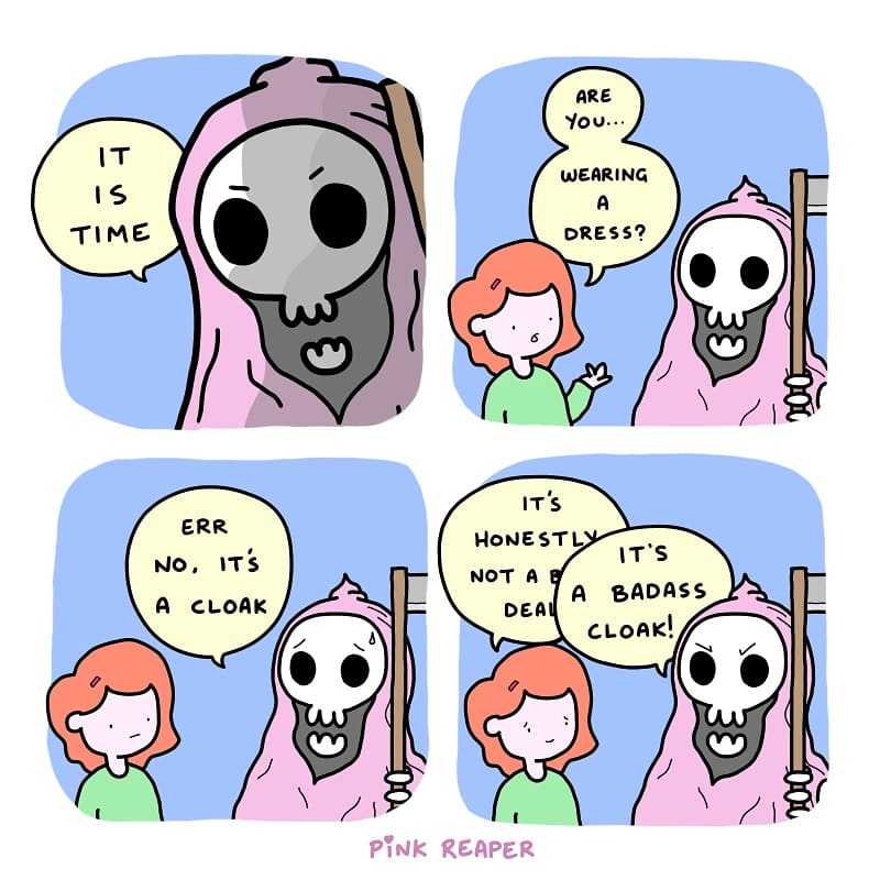 a cartoon of a girl and a skeleton with speech bubbles