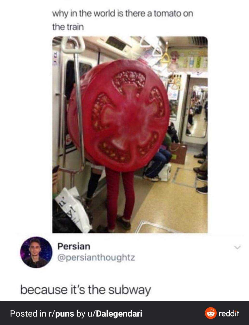 a close up of a person in a subway with a tomato on their head