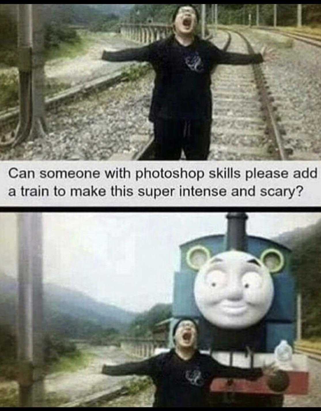 thomas the train with a funny expression on his face