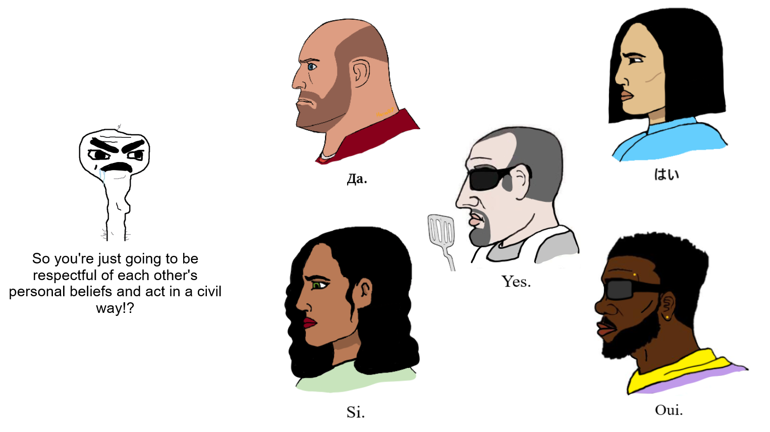 a cartoon of a group of people with different facial expressions