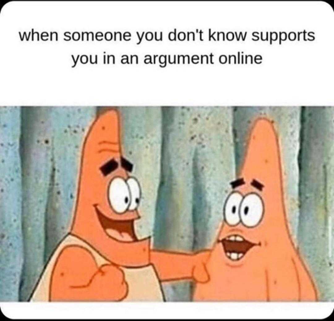 cartoon of two sponges with caption saying when someone you don ' t know supports you in an argument