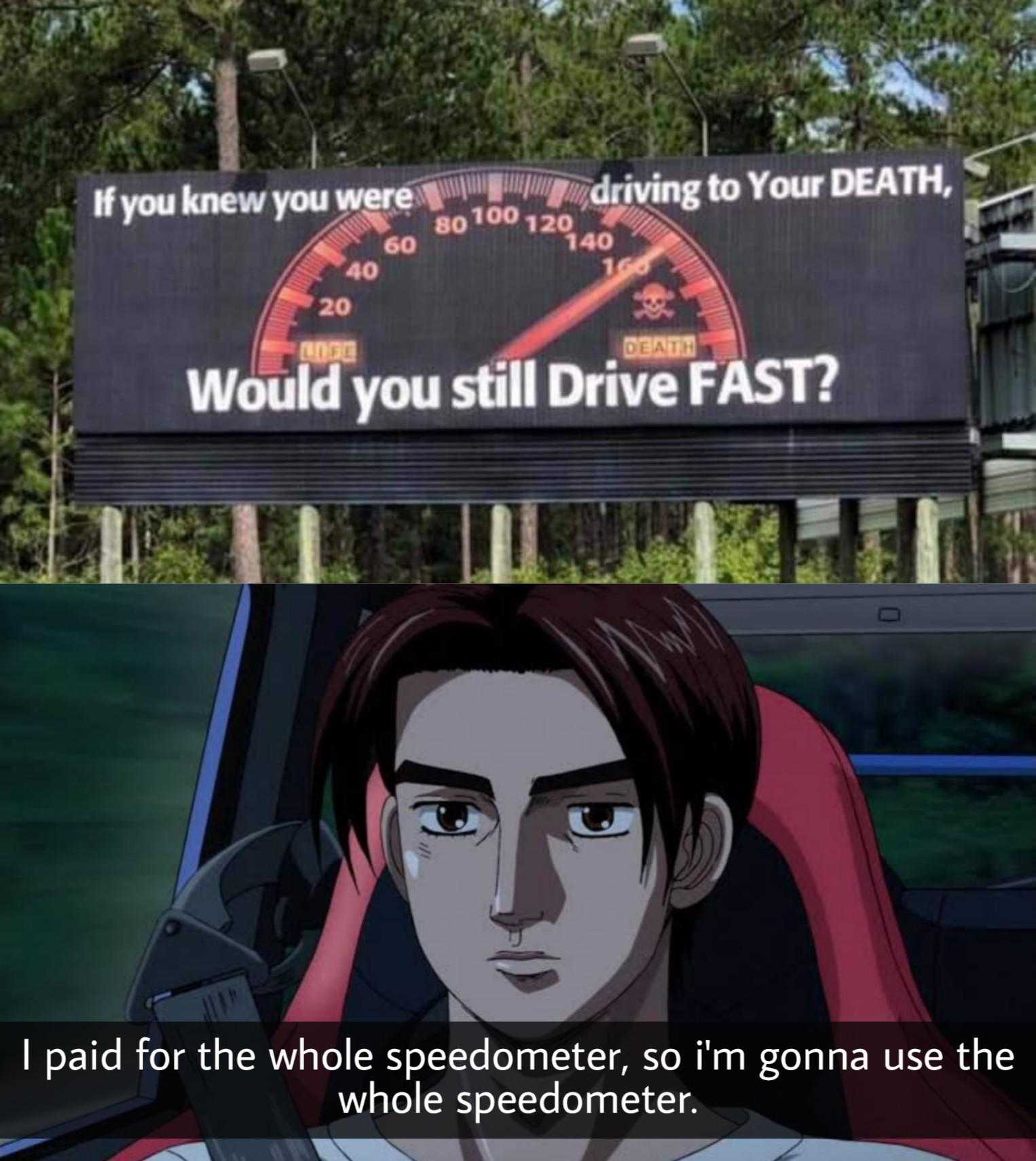 a cartoon picture of a man driving a car with a speedometer on the screen