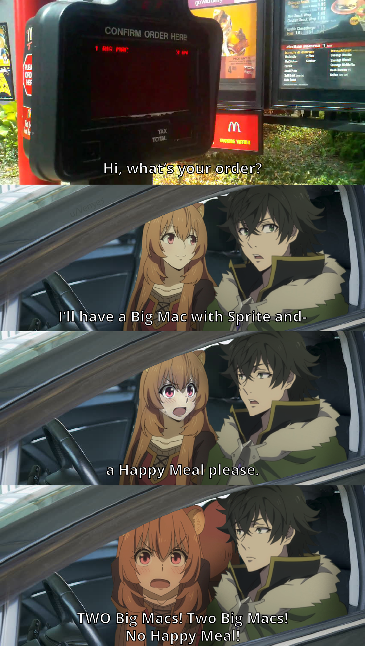 anime characters are sitting in the back of a car with a happy message