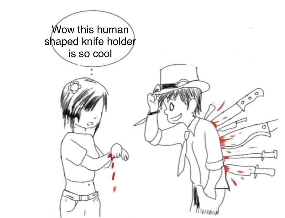 a cartoon drawing of a man holding a knife and a woman with a knife in her hand