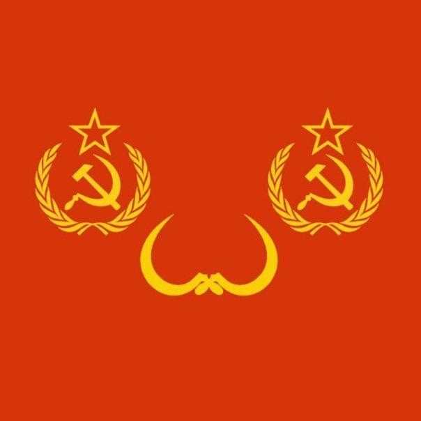 a red background with two communist symbols and a star